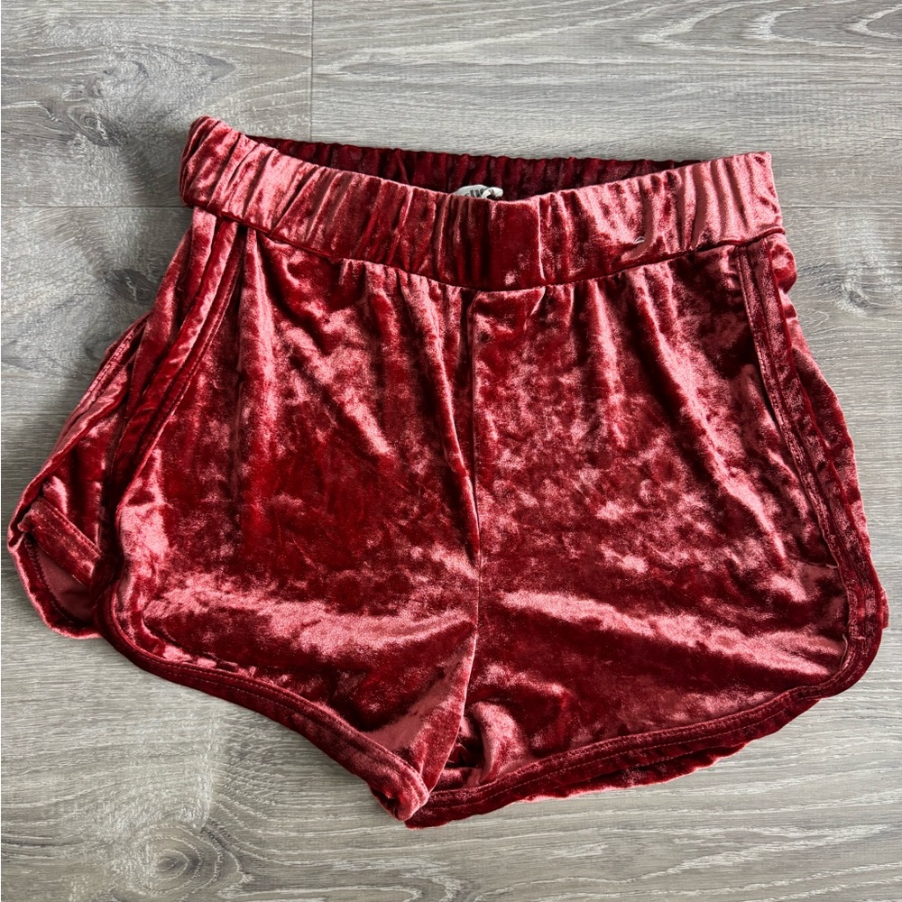 Shosho Red Velvet Shorts with Elastic Waistband